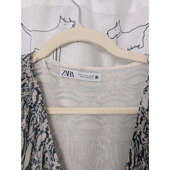 Zara Top Womens M Ivory Teal Metallic Crop Sheer Gauzy Fairy Romantic Bubble - Picture 5 of 6